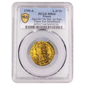 Louis XV - Gold - Louis d'or au bandeau - 1755 A Paris - The Treasure of Rue Mouffetard PCGS MS 64 slab