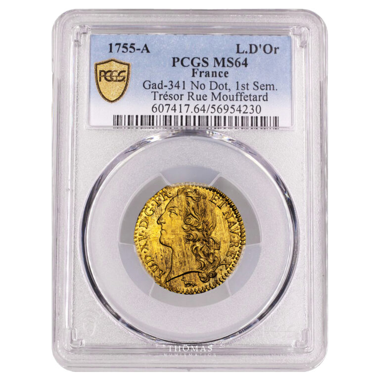 Monnaie - France Louis XV - Louis d'or au bandeau 1755 A - Trésor de la rue Mouffetard - PCGS MS 64-Slab
