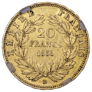 Monnaie France - Napoléon III - 20 Francs 1855 - D:A Lyon:Paris - Geni XF Scratch-Revers