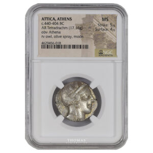 coin -athens – tetradrachm – ngc me strike 5/5 – surface 4/5  – rainbow patina obverse slab