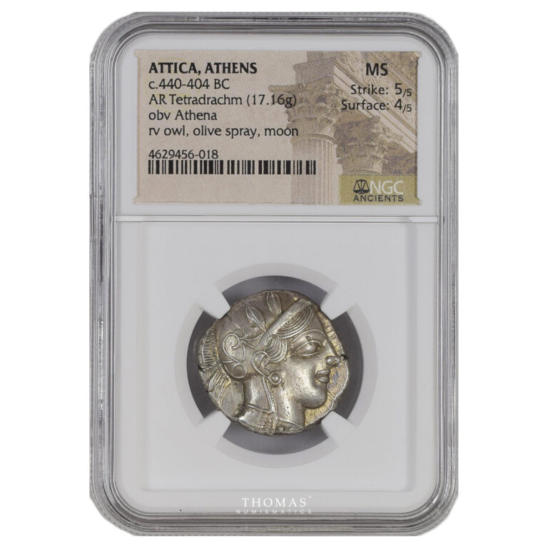 coin -athens – tetradrachm – ngc me strike 5/5 – surface 4/5  – rainbow patina obverse slab