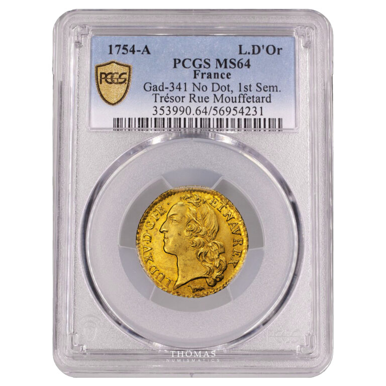 Monnaie - France Louis XV - Louis d'or au bandeau 1754 A Paris - Trésor de la rue Mouffetard - PCGS MS 64-Slab