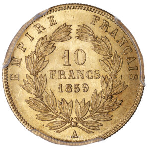 Coin France - Napoleon III - Gold 10 Francs or - 1859 A Paris - PCGS MS 64 reverse