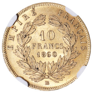 Monnaie France - Napoléon III - 10 Francs or - 1860 Strasbourg BB - NGC MS 63-Revers