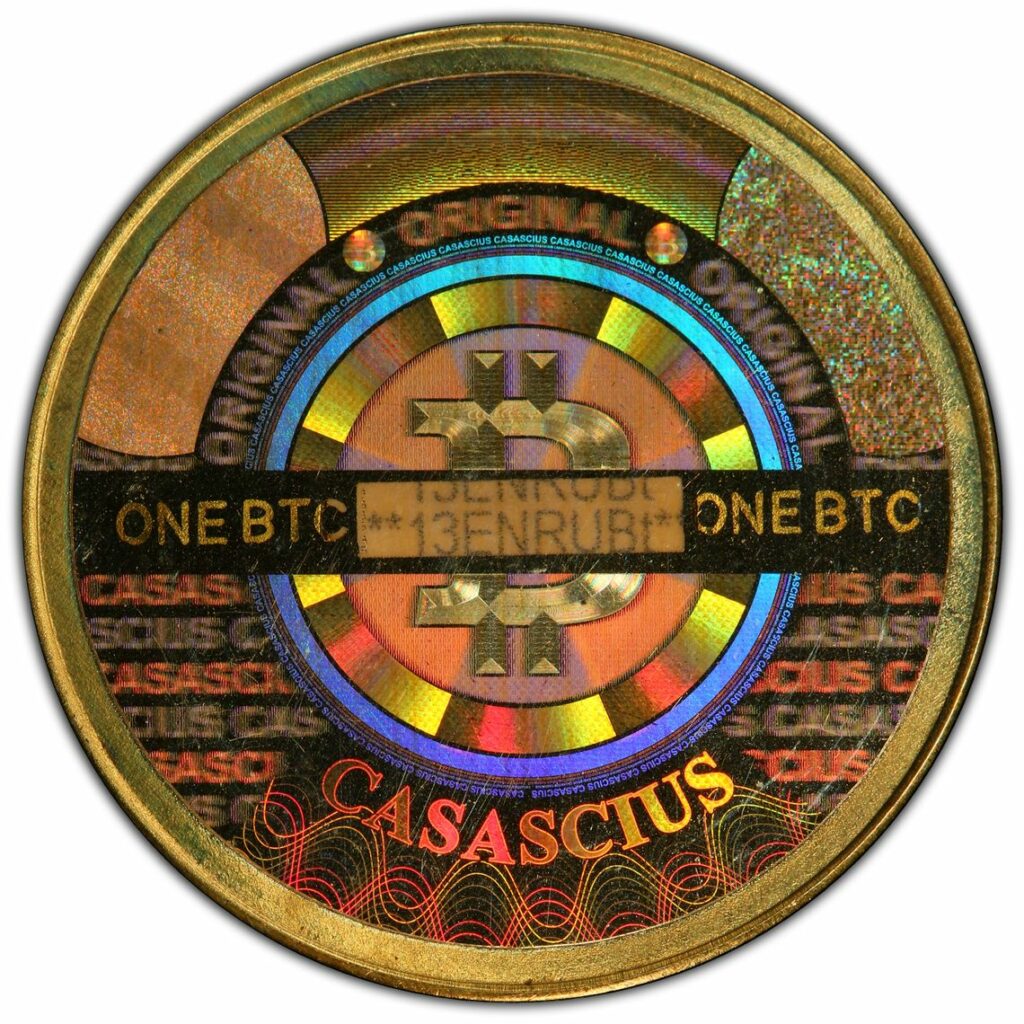 2013 - 1 BTC Casascius revers cryptomonnaie PCGS token