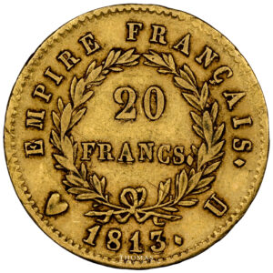 Coin France -Napoléon Ier - Gold - 20 francs or 1813 U Turin - 919 examples reverse