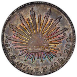 8 reales mexico 1876 obverse PCGS AU 58 rainbow