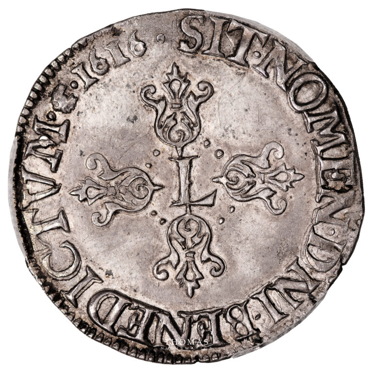 Coin France - Louis XIII Demi-Franc à la tête nue adolescente - 1616 C St Lô - 1610-1643 - PCGS AU 53 obverseMonnaie France - Louis XIII Demi-Franc à la tête nue adolescente - 1616 C St Lo - 1610-1643 - PCGS AU53-Reverse