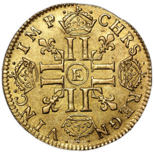 Coin - France - Louis XIV - Gold Louis d'or à la Mèche Longue - 1653 E Tours - Treasure of Montrichard - 1 000 examples reverse