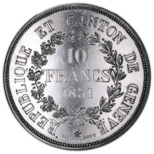 Coin Switzerland - 10 Francs - Canton de Genève - 1851 - 1 000 examples obverse