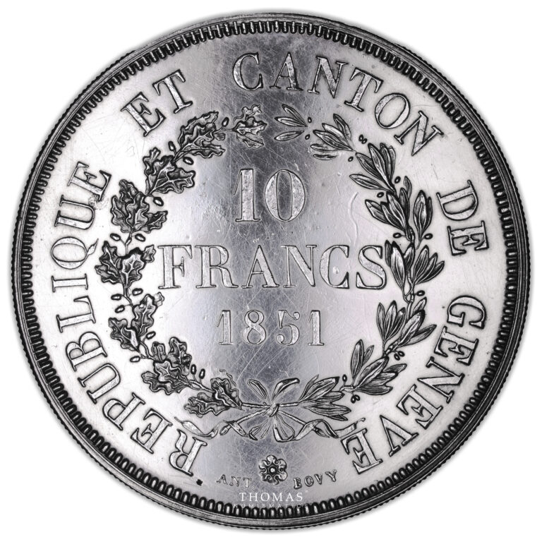 Monnaie Suisse - 10 Francs Argent - Canton de Genève - 1851 - 1 000 exemplaires-Revers