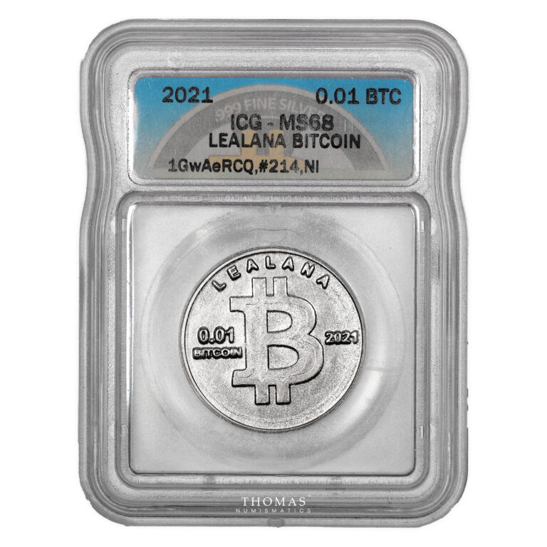 CRYPTOCURRENCY COIN – 2021 LEALANA 0.01 BTC – UNFUNDED – Nickel Plated – ICG MS 68 obverse