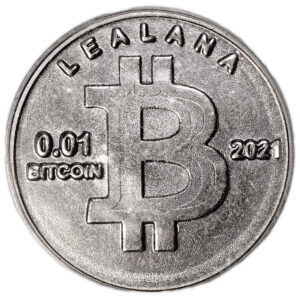 CRYPTOCURRENCY COIN – 2021 LEALANA 0.01 BTC – UNFUNDED – Nickel Plated – ICG MS 68 obv