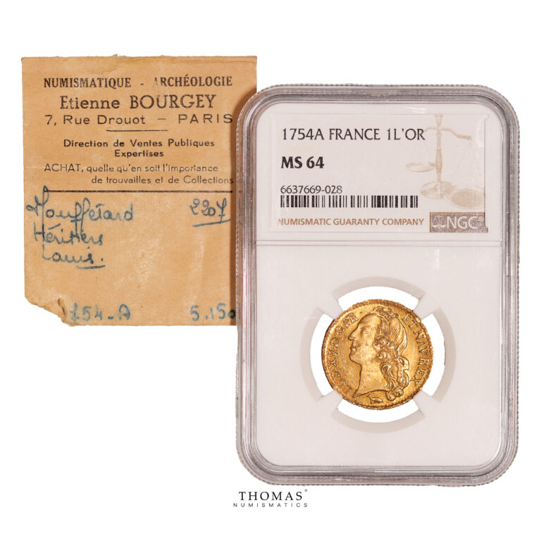 Monnaie – France Louis XV – Louis d’or au bandeau 1754 A Paris – Trésor de la rue Mouffetard – NGC MS 64-Certificat