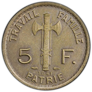 5 francs Pétain 1941 PCGS AU 58 revers