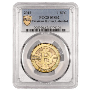 Coin cryptocurrency – Bitcoin – 2012 Casascius 1 BTC – PCGS MS 62 – Laiton obverse