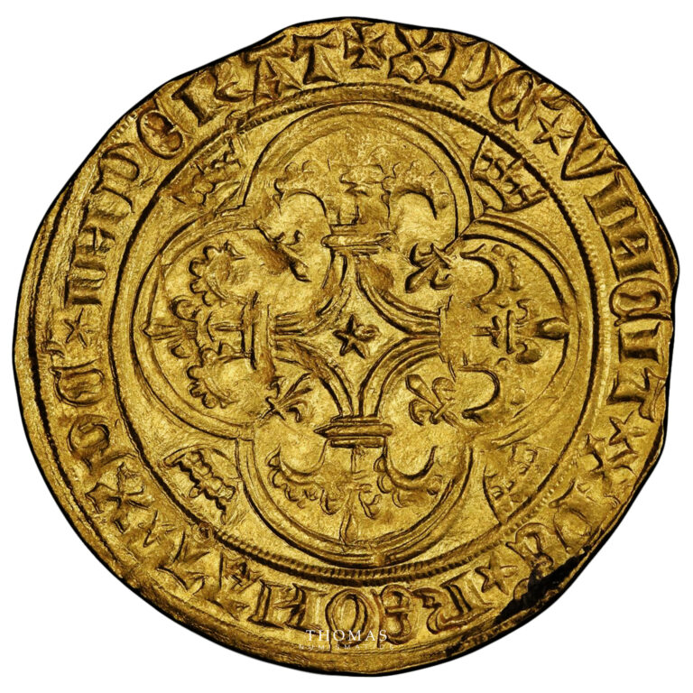 Monnaie France – Charles VI – Écu d’or à la couronne – Paris – PCGS MS 63 - Trésor guerre de cent ans – Abbaye de la Lucerne-Revers