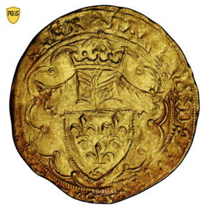 Coin - France  Charles VI - Gold 1/2 Heaume d'or - La Rochelle - PCGS MS 62 - Treasure Hoard -  the One Hundred Years war obverse orange patina