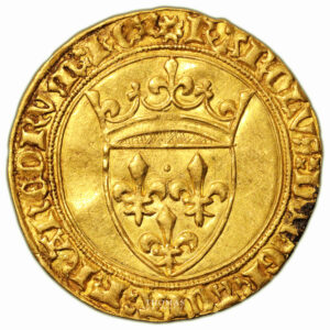 Coin - France  Charles VI - Gold Ecu d'or à la couronne - Montpellier - Treasure Hoard -  the One Hundred Years war obverse