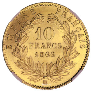 Coin France - Napoléon III - Gold - 10 Francs Or tête laurée - 1866 BB Strasbourg - NGC MS 67 reverse