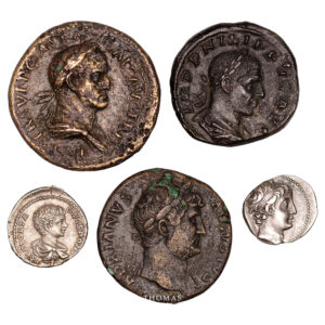 Sestertius Philippe I - Sestertius Hadrian - Denarius silver GETA - Drachm Demetrios II Nikaton - Sestertius Galba obverse