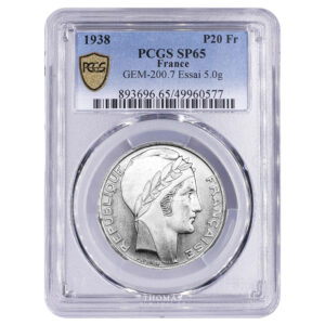 France Pattern - 20 Francs Turin 1938 – Aluminium - PCGS SP 65 slab