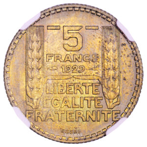 Monnaie France Essai - 5 Francs Turin 1929 – Bronze Aluminium - NGC MS 65-Revers