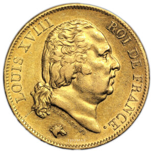 Coin France Louis XVIII - Gold - 40 Francs Or - 1818 W Lille obverse