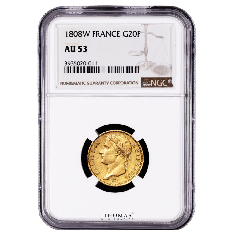 Coin France - Napoléon - Gold - 20 Francs or - 1808 W Lille - 8465 examples - NGC AU 53-Slab