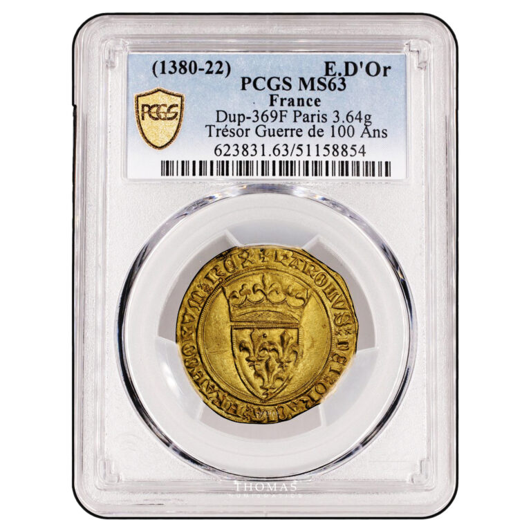 Monnaie France – Charles VI – Écu d’or à la couronne – Paris – PCGS MS 63 - Trésor guerre de cent ans – Abbaye de la Lucerne-Slab