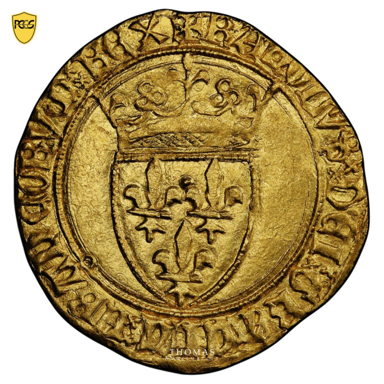 Monnaie France – Charles VI – Écu d’or à la couronne – Saint-Lô – PCGS MS 63 - Trésor guerre de cent ans – Abbaye de la Lucerne-Avers