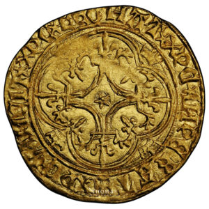 Monnaie France – Charles VI – Écu d’or à la couronne – Saint-Lô – PCGS MS 63 - Trésor guerre de cent ans – Abbaye de la Lucerne-Revers