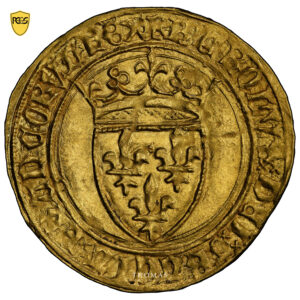 Monnaie France – Charles VI – Écu d’or à la couronne – Saint-Lö - PCGS MS 64 – Trésor guerre de cent ans – Abbaye de la Lucerne-Avers