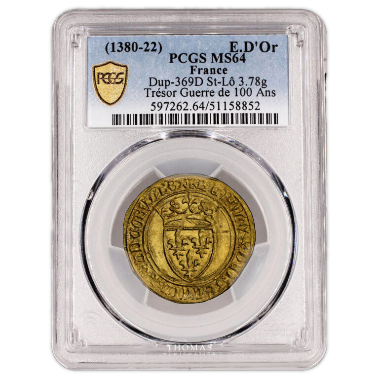 Monnaie France – Charles VI – Écu d’or à la couronne – Saint-Lö - PCGS MS 64 – Trésor guerre de cent ans – Abbaye de la Lucerne-Slab