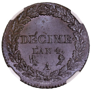 Coin France - Directoire - Small size - Décime Dupré - An 4 A Paris - NGC MS 65 BN reverse