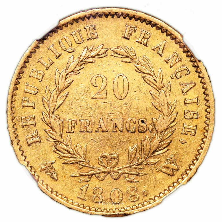 Coin France - Napoléon - Gold - 20 Francs or - 1808 W Lille - 8465 examples -  NGC AU 53 reverse