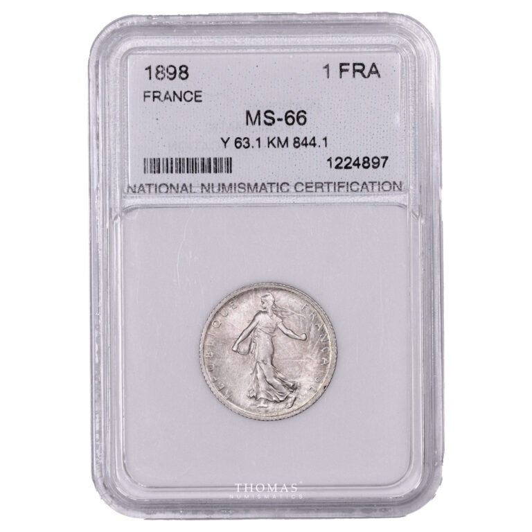 Monnaie France - 1 Franc Semeuse - 1898 - MS 66 National Numismatic Certification-Slab