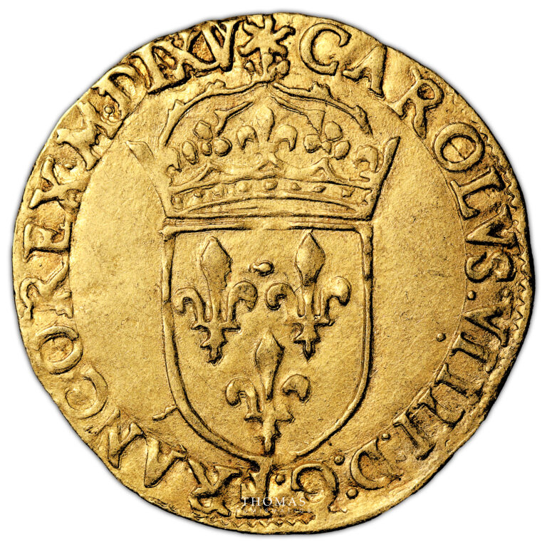 Monnaie France - Charles IX - Écu d'or au Soleil - 1565 H La Rochelle - 1er Type-Avers