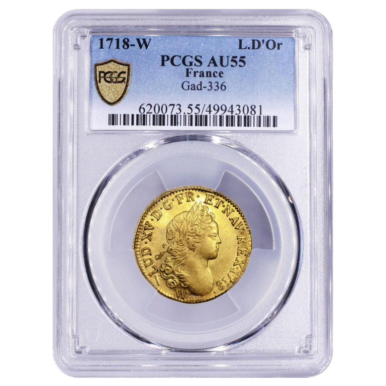 Coin France - Louis XV - Gold - Louis d'or à la croix du Saint Esprit - 1718 W Lille - PCGS AU 55 slab