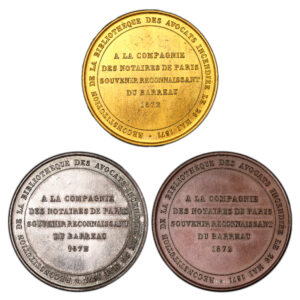 Médailles France - Lot de 3 médailles dont 1 en or - Barreau de Paris - Compagnie des Notaires de Paris-Revers