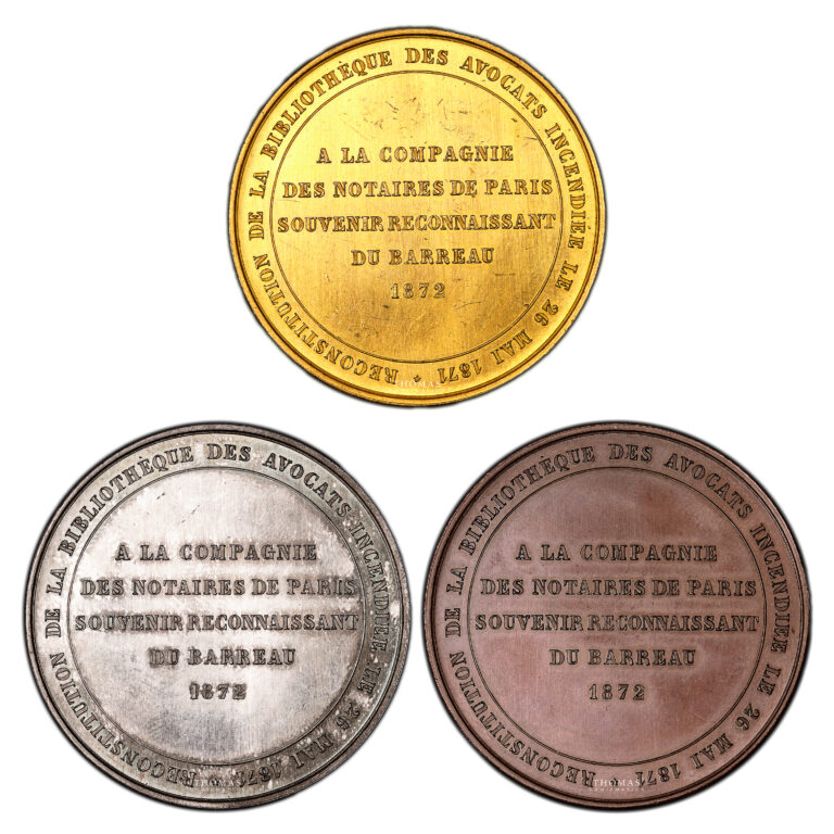 Médailles France - Lot de 3 médailles dont 1 en or - Barreau de Paris - Compagnie des Notaires de Paris-Revers
