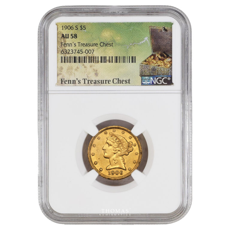 Coin United-States - Gold 5 dollars - 1906 S San Francisco - Fenns treasure chest - NGC AU 58 slab