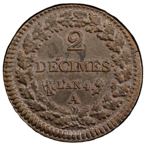 Monnaie France - 2 Décimes Dupré - An 4 A Paris - PCGS AU 58-Revers