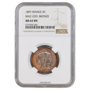 Coin - France - Pre-series - 5 centimes Daniel-Dupuis - No Word ESSAI - mat planchet 1897 - NGC MS 62 BN slab