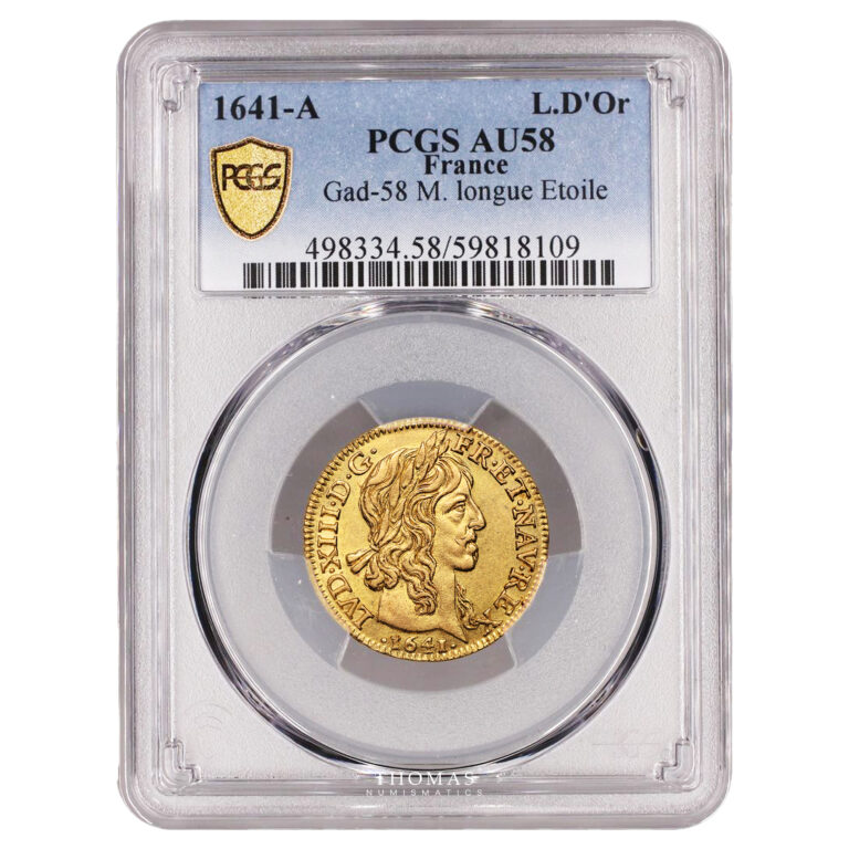 Coin France - Louis XIII - Gold - Louis d'or à la mèche longue - 1641 A Paris - PCGS AU 58 slab