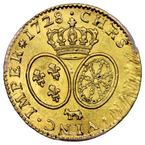 Monnaie France - Louis XV - Gold - Louis d'or aux Lunettes - 1728 Pau Béarn - Treasure of rue Mouffetard - PCGS AU 55 reverse
