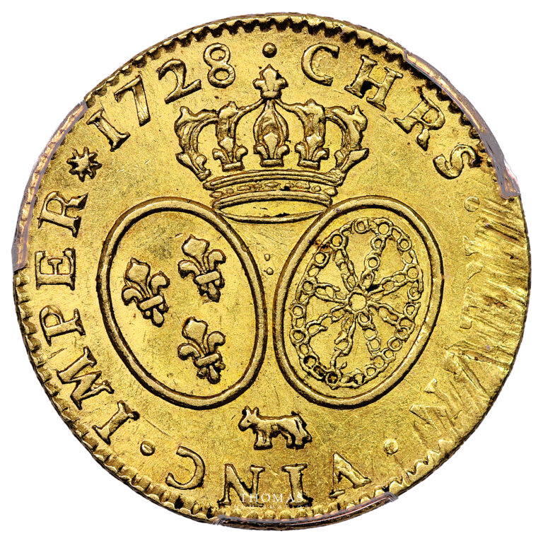 Monnaie France - Louis XV - Gold - Louis d'or aux Lunettes - 1728 Pau Béarn - Treasure of rue Mouffetard - PCGS AU 55 reverse