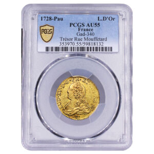 Monnaie France - Louis XV - Gold - Louis d'or aux Lunettes - 1728 Pau Béarn - Treasure of rue Mouffetard - PCGS AU 55 reverse slab