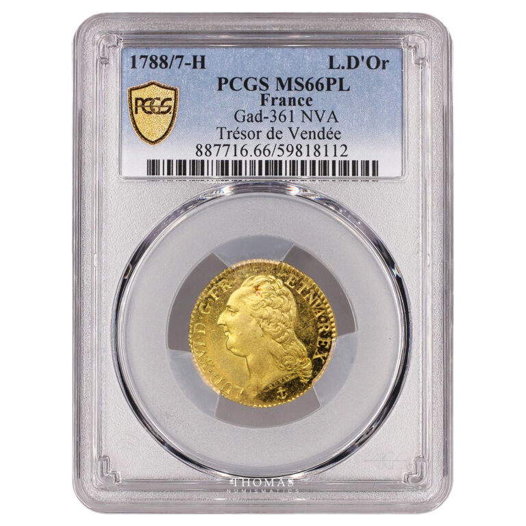 Coin - France  Louis XVI - Gold - Louis d'or à la tête nue - 1788 H NVA - Variety 8/7 -  PCGS MS 66 PL prooflike - Vendée Treasure slab