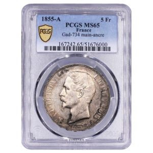 Monnaie France - Napoléon III - 5 Francs - 1855 A Paris - Main Ancre - PCGS MS65-Slab
